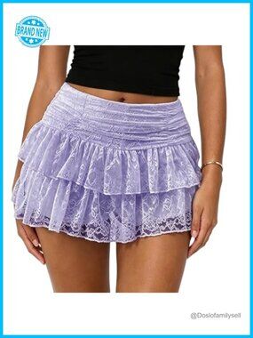 Y2K Lace Tiered Mini Skirt Ruffled Pleated Half Slip Low Rise Flowy Short